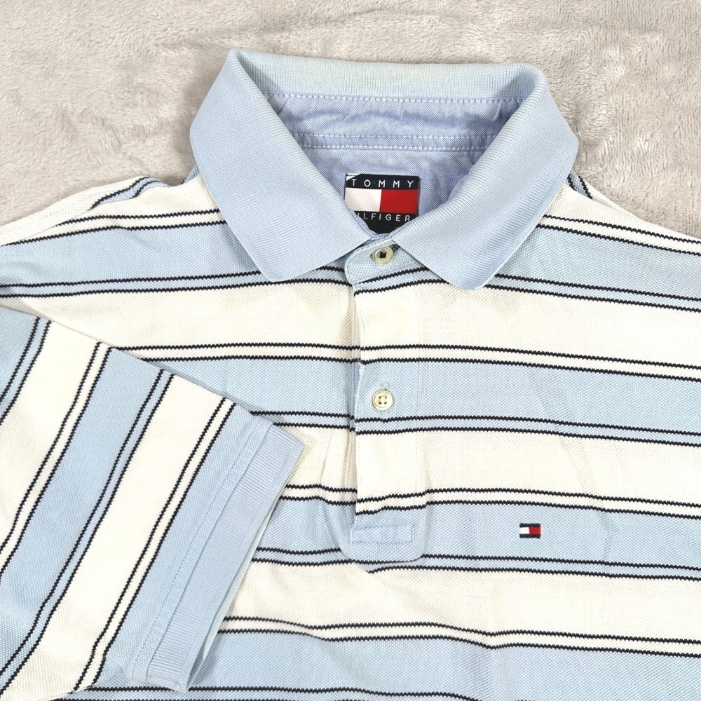 Tommy Hilfiger Shirt Mens M Y2K VTG 00s Blue White Striped Short Sleeve Polo